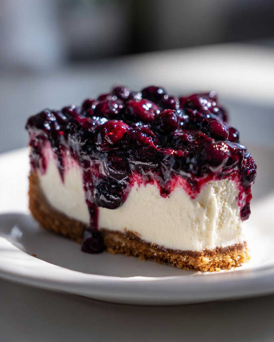 A perfect slice of no-bake blueberry cheesecake sits on a white plate, topped with rich, glossy blueberry compote.