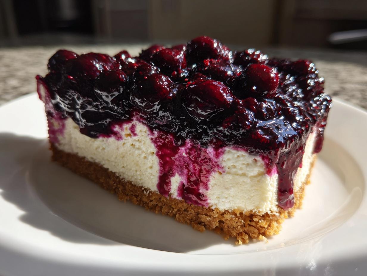 A close-up of a thick slice of no-bake blueberry cheesecake featuring a graham cracker crust and rich blueberry topping.