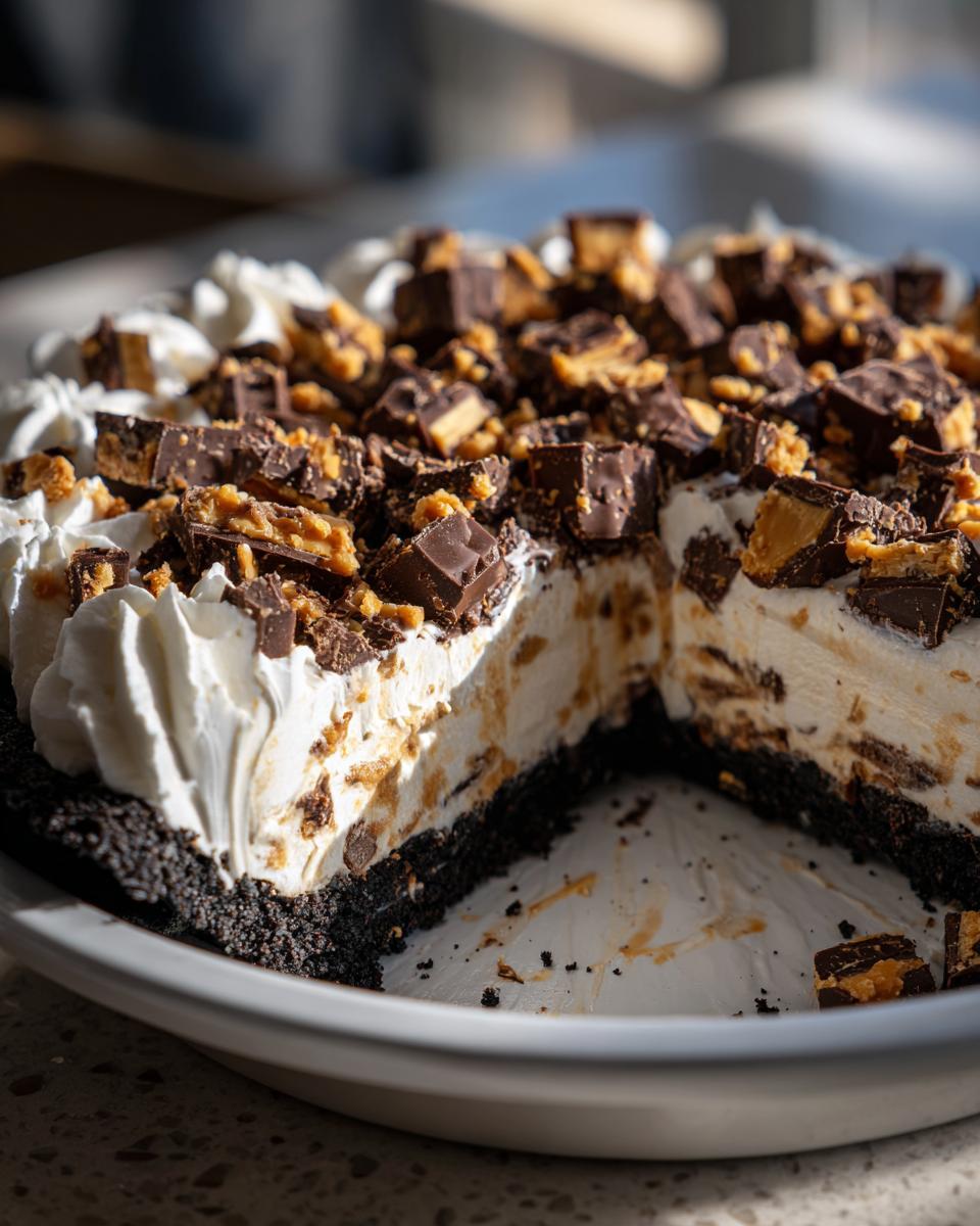 A close-up of a rich, no-bake Butterfinger pie with a dark crust, creamy filling, and topped generously with chopped Butterfinger pieces.