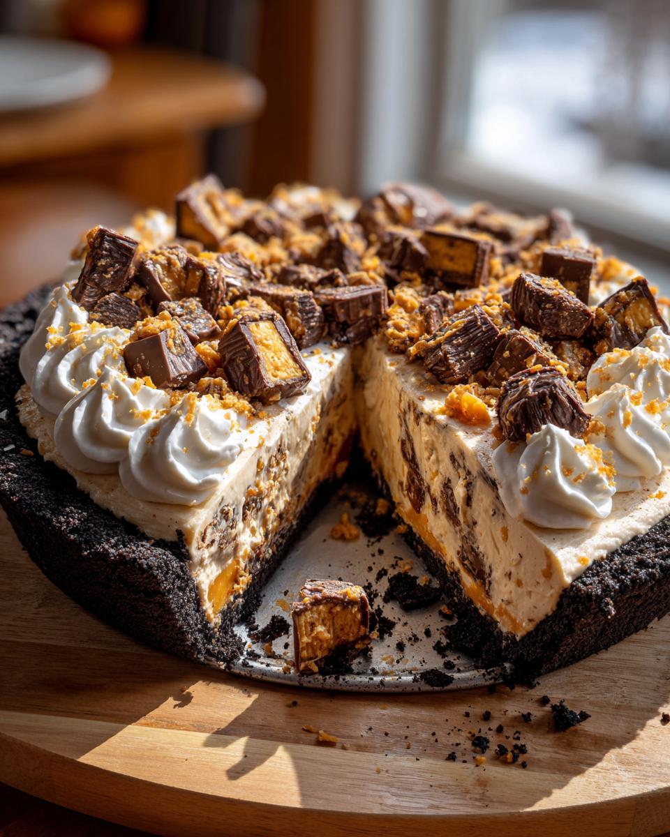 A rich, no-bake butterfinger pie with a dark crust, creamy filling, and topped heavily with chopped Butterfinger pieces.