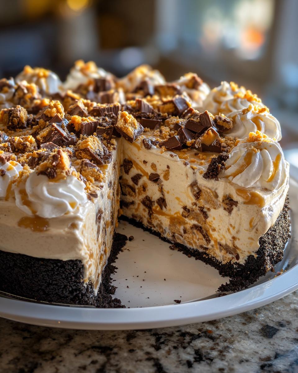 A rich, creamy no-bake Butterfinger pie with a dark crust, topped with whipped cream and chopped Butterfinger pieces.