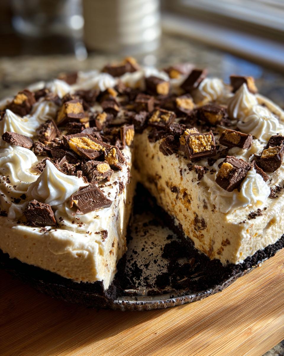 A rich, no-bake butterfinger pie with a slice cut out, topped with whipped cream and chopped Butterfinger pieces.