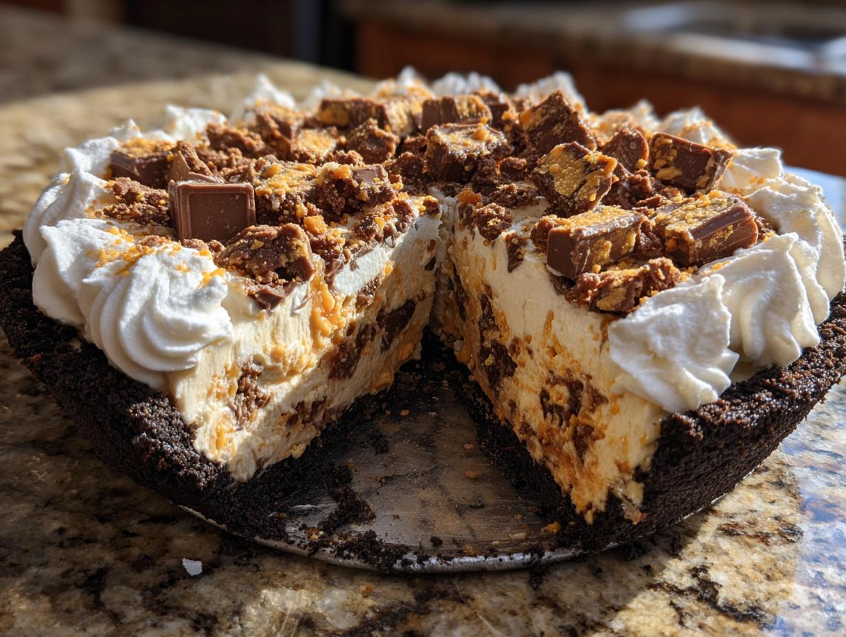 A rich, creamy no-bake Butterfinger pie with a slice cut out, topped with whipped cream and candy pieces.