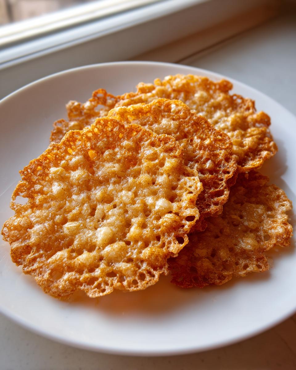 Close-up of several delicate, golden brown oatmeal lace cookies with a lacy, bubbly texture piled on a white plate.
