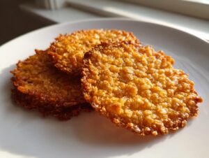 Close-up of three golden brown, lacy oatmeal lace cookies stacked on a bright white plate.