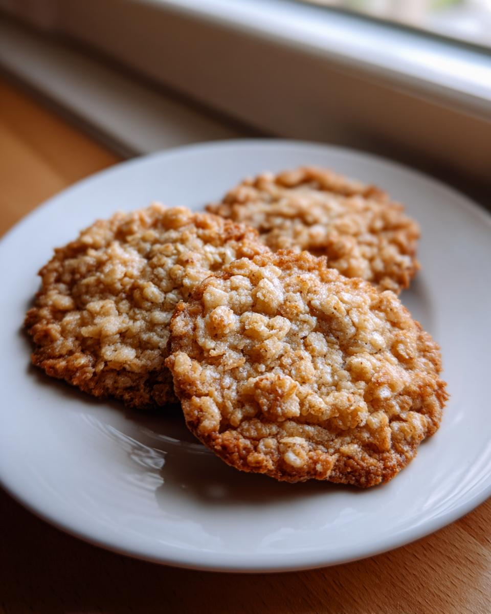 Three golden brown, textured oatmeal lace cookies stacked slightly on a white plate near a window.