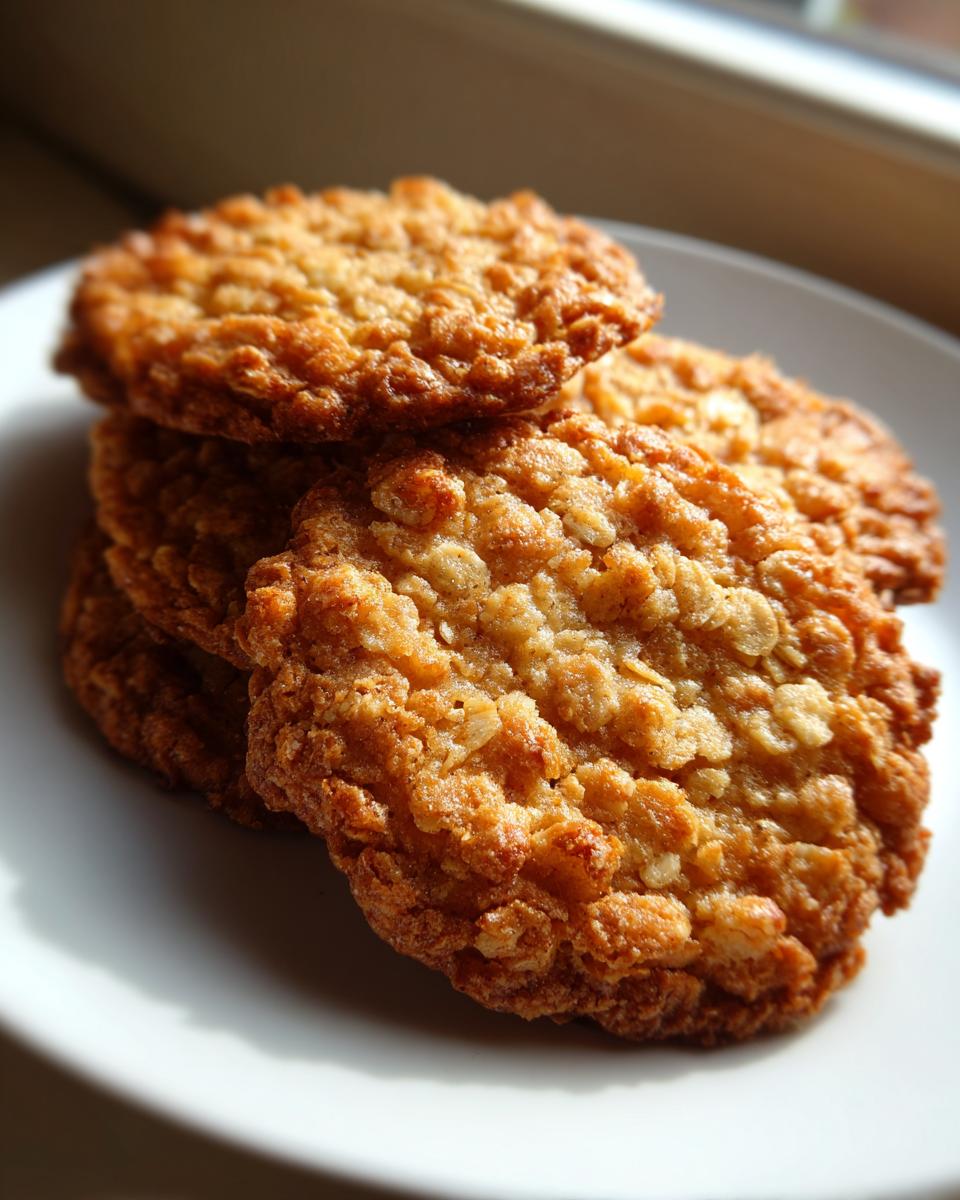 Close-up of a stack of golden brown, crispy oatmeal lace cookies resting on a white plate.