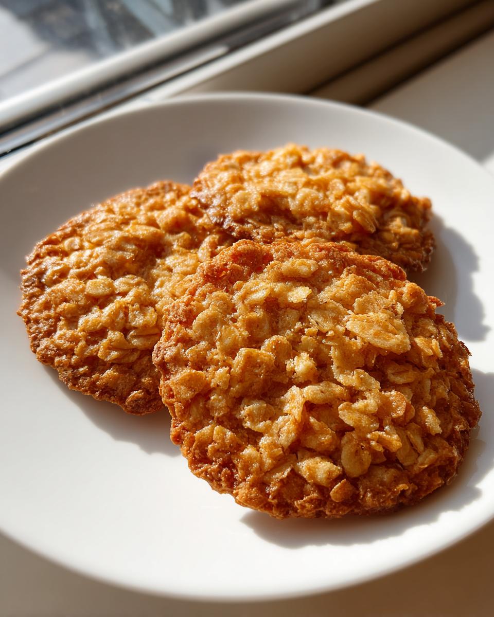 Three golden brown, crispy oatmeal lace cookies resting on a white plate near a window.