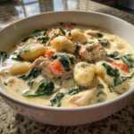 Close-up of creamy olive garden chicken gnocchi soup filled with soft gnocchi, shredded chicken, spinach, and carrots.