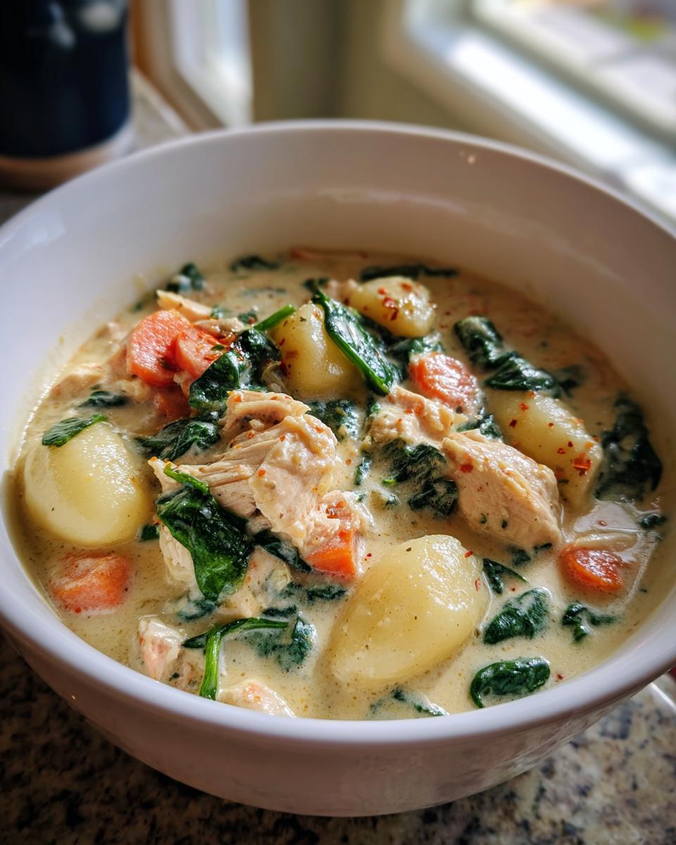 Close-up of a hearty bowl of creamy olive garden chicken gnocchi soup with visible chicken, spinach, carrots, and dumplings.