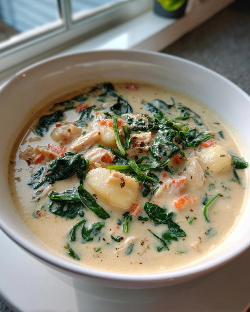 A close-up of a bowl of creamy olive garden chicken gnocchi soup with visible gnocchi, spinach, and chicken.