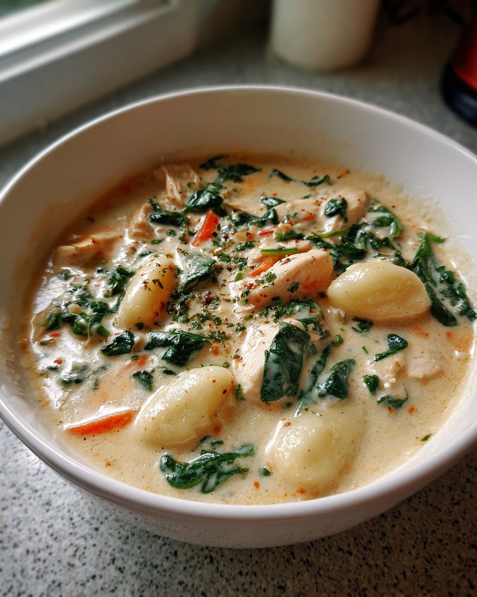 A close-up of a bowl of creamy olive garden chicken gnocchi soup with spinach and herbs.