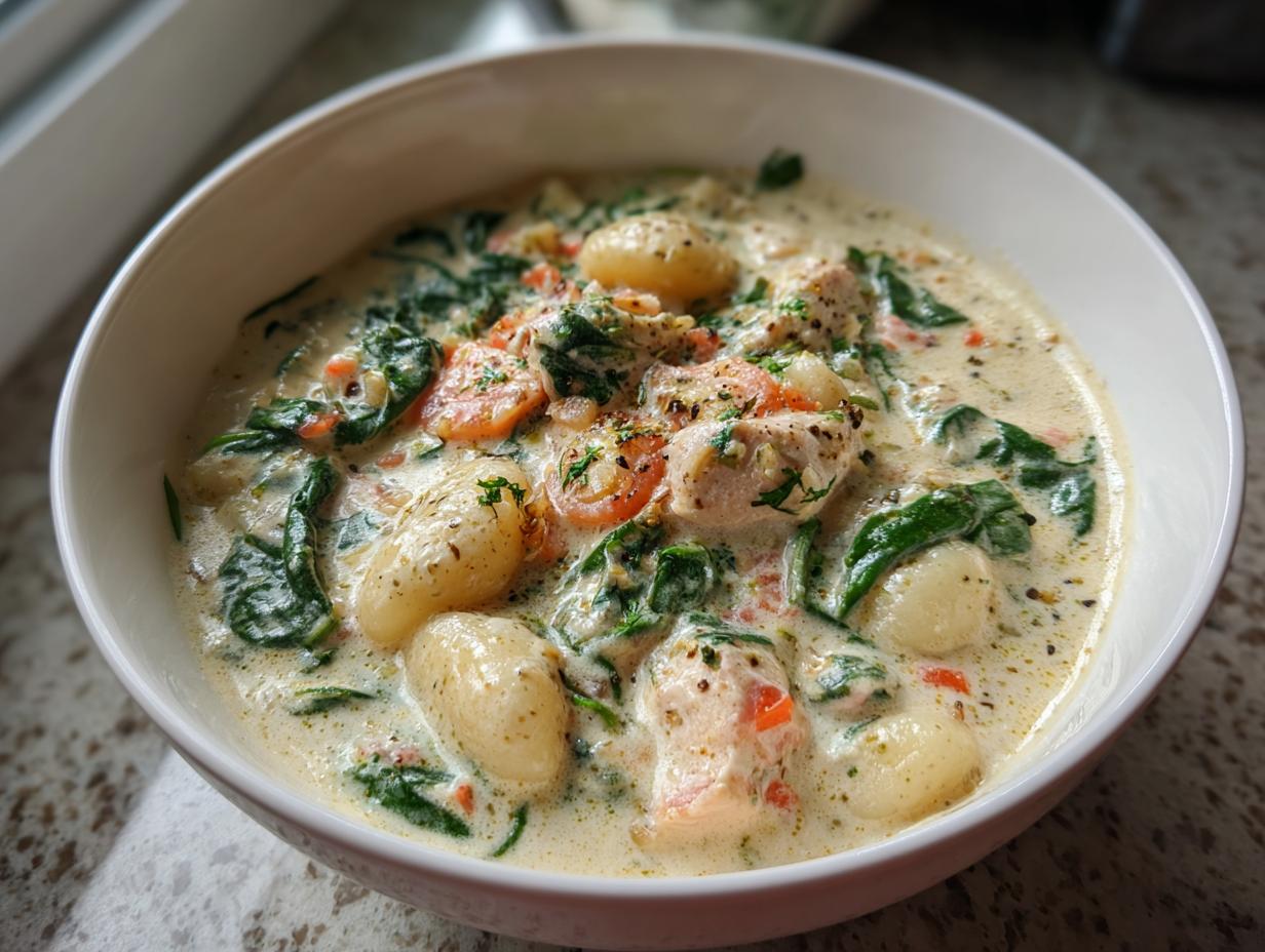 A close-up of a bowl filled with creamy olive garden chicken gnocchi soup, featuring gnocchi, spinach, and chicken pieces.