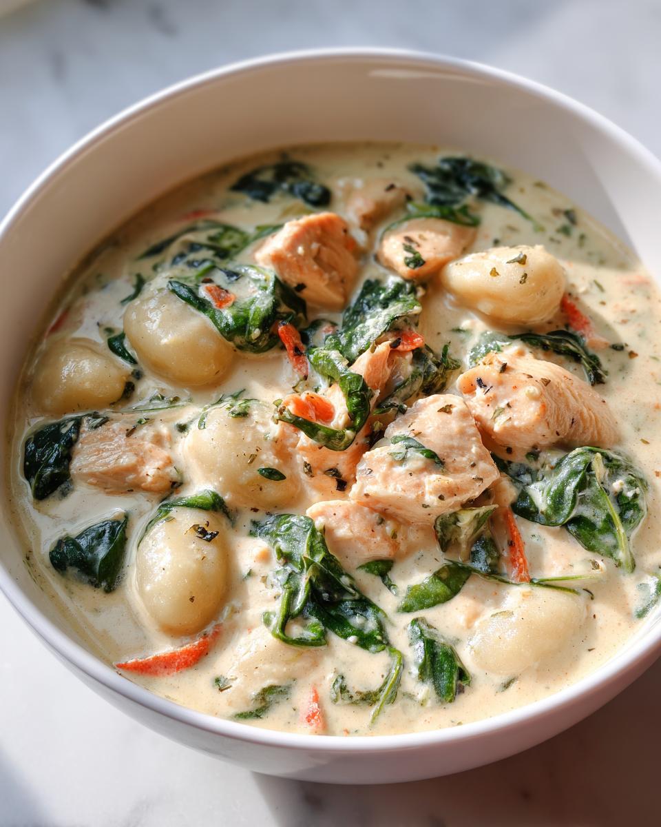 A close-up view of creamy Olive Garden Chicken Gnocchi Soup featuring tender chicken pieces, soft gnocchi, and wilted spinach.