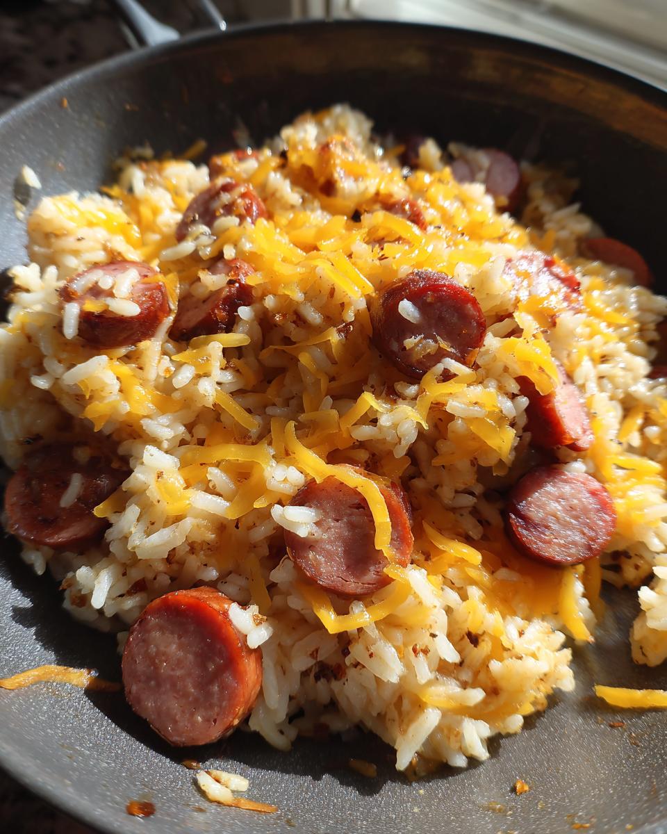 Close-up of a one-pot sausage and rice dish topped generously with shredded cheddar cheese.