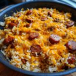 Close-up of a one-pot sausage and rice dish topped generously with melted cheddar cheese.