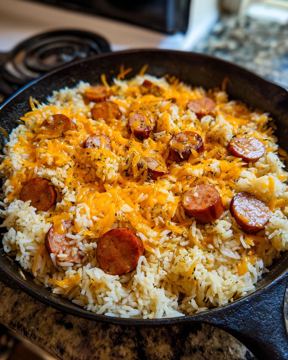 Close-up of a one-pot sausage and rice dish topped with melted cheddar cheese and herbs in a cast iron skillet.