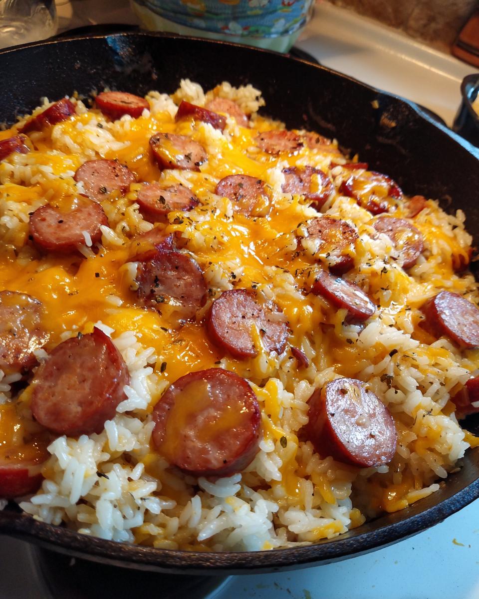 Close-up of one-pot sausage and rice topped with melted cheddar cheese and herbs in a cast iron skillet.