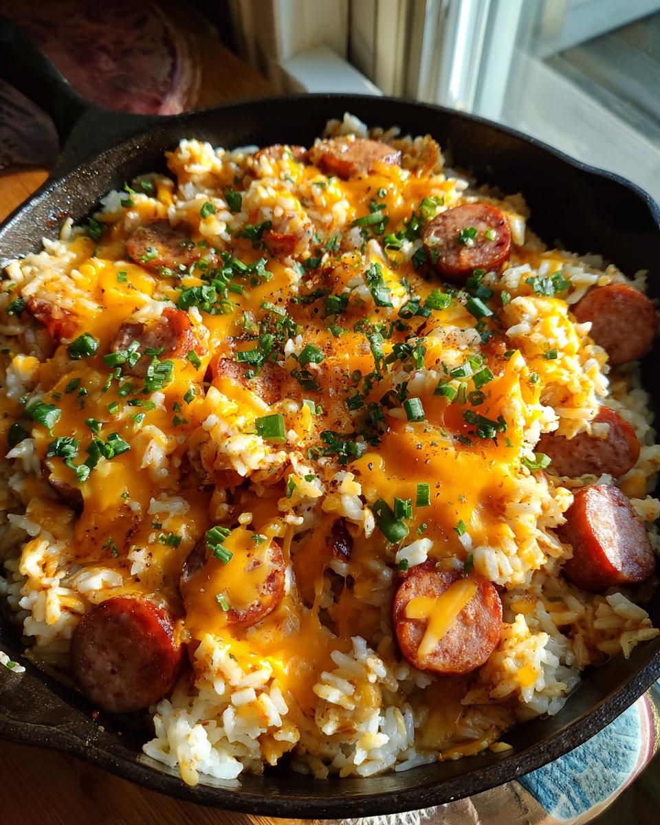 Close-up of one-pot sausage and rice topped with melted cheddar cheese and fresh chives.