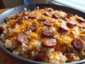 Close-up of a one-pot sausage and rice dish topped generously with melted cheddar cheese and sliced smoked sausage.