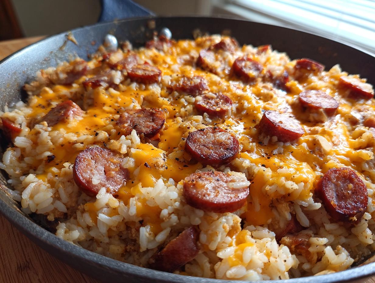 Close-up of a one-pot sausage and rice dish topped generously with melted cheddar cheese and sliced smoked sausage.