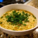 Close-up of a white bowl filled with golden pastina soup, topped generously with fresh chopped parsley.
