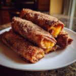 A stack of golden brown peach cobbler egg rolls dusted heavily with cinnamon sugar, showing the warm peach filling.