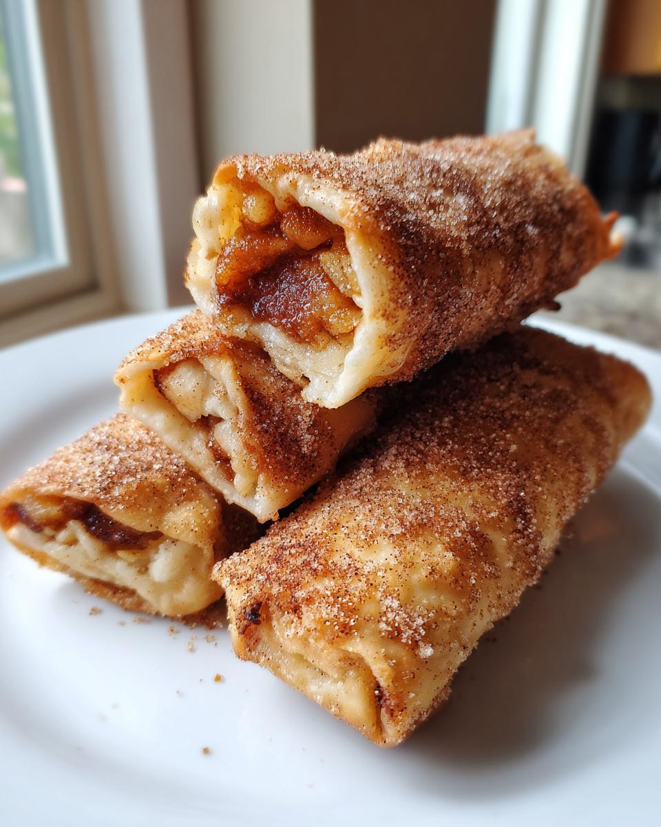 Close-up of stacked, fried peach cobbler egg rolls coated in cinnamon sugar on a white plate.