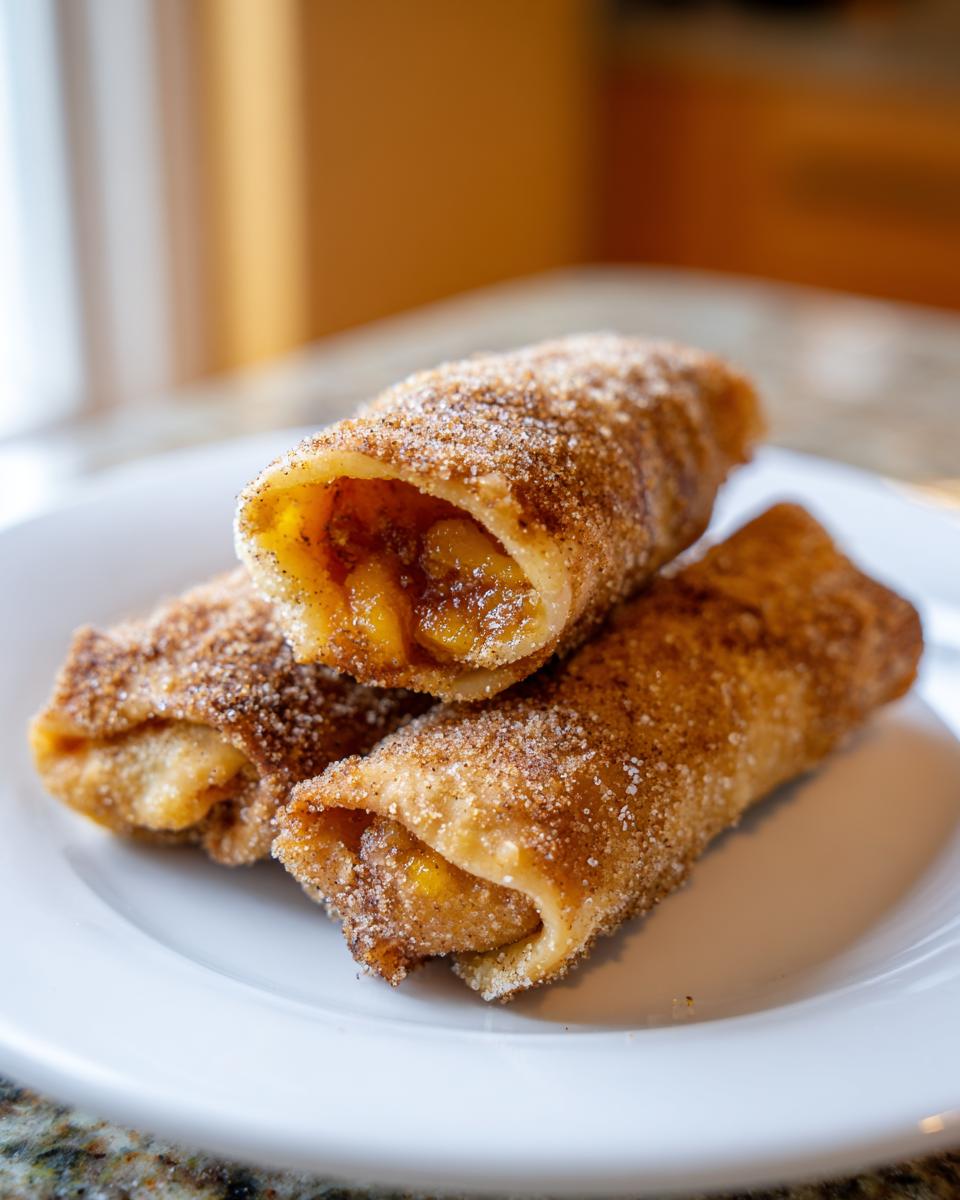 Three crispy peach cobbler egg rolls dusted heavily with cinnamon sugar, resting on a white plate.