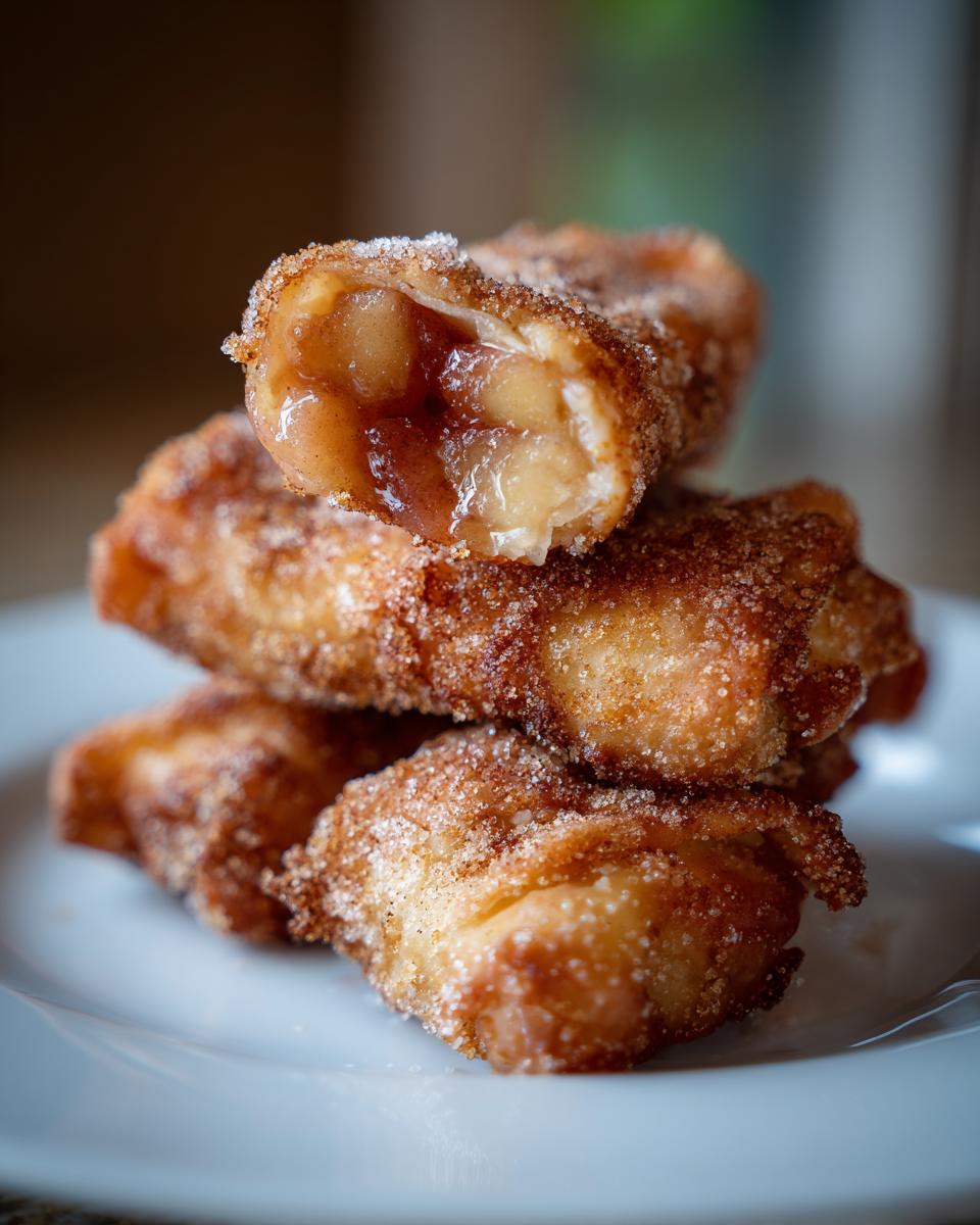 A stack of golden brown peach cobbler egg rolls coated in cinnamon sugar, one cut open showing the filling.
