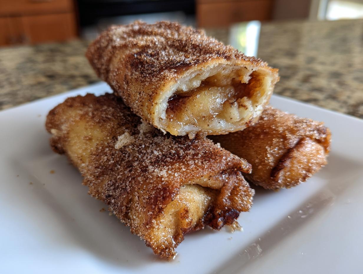 Three golden-brown peach cobbler egg rolls dusted heavily with cinnamon sugar, one cut open to show the filling.