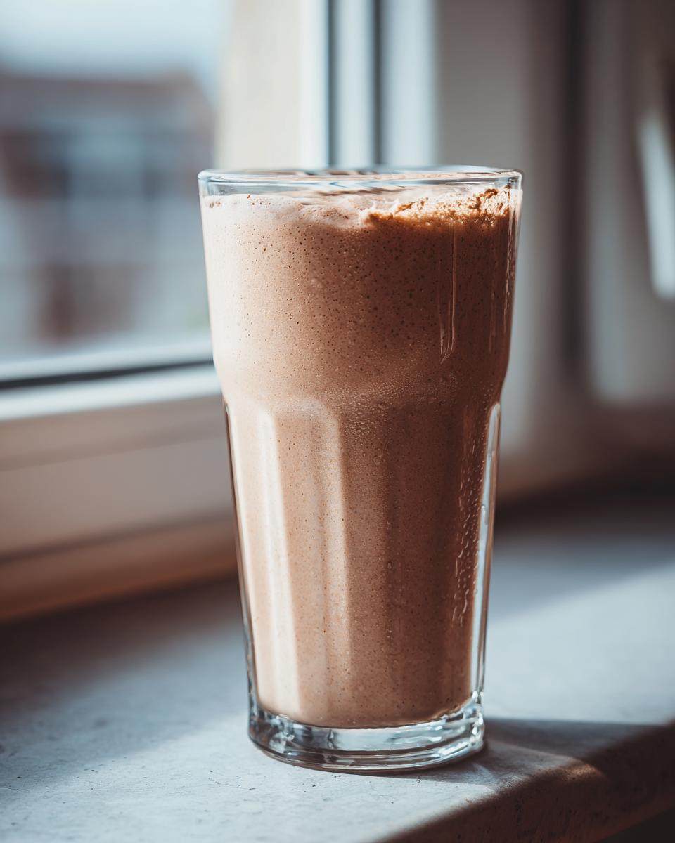 A tall glass filled with a thick, creamy peanut butter banana smoothie, set near a window.
