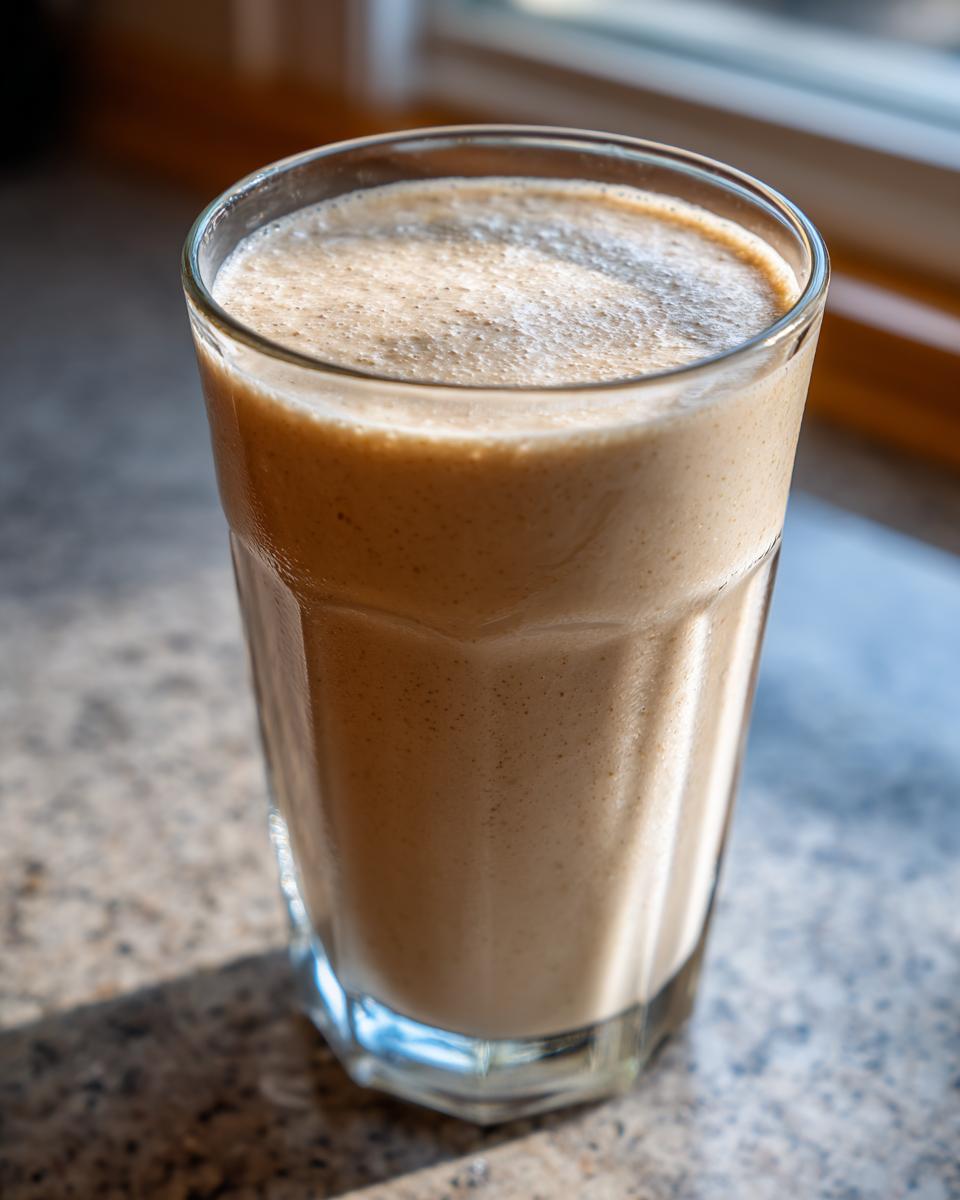 A tall glass filled with a thick, creamy peanut butter banana smoothie, showing a frothy top.