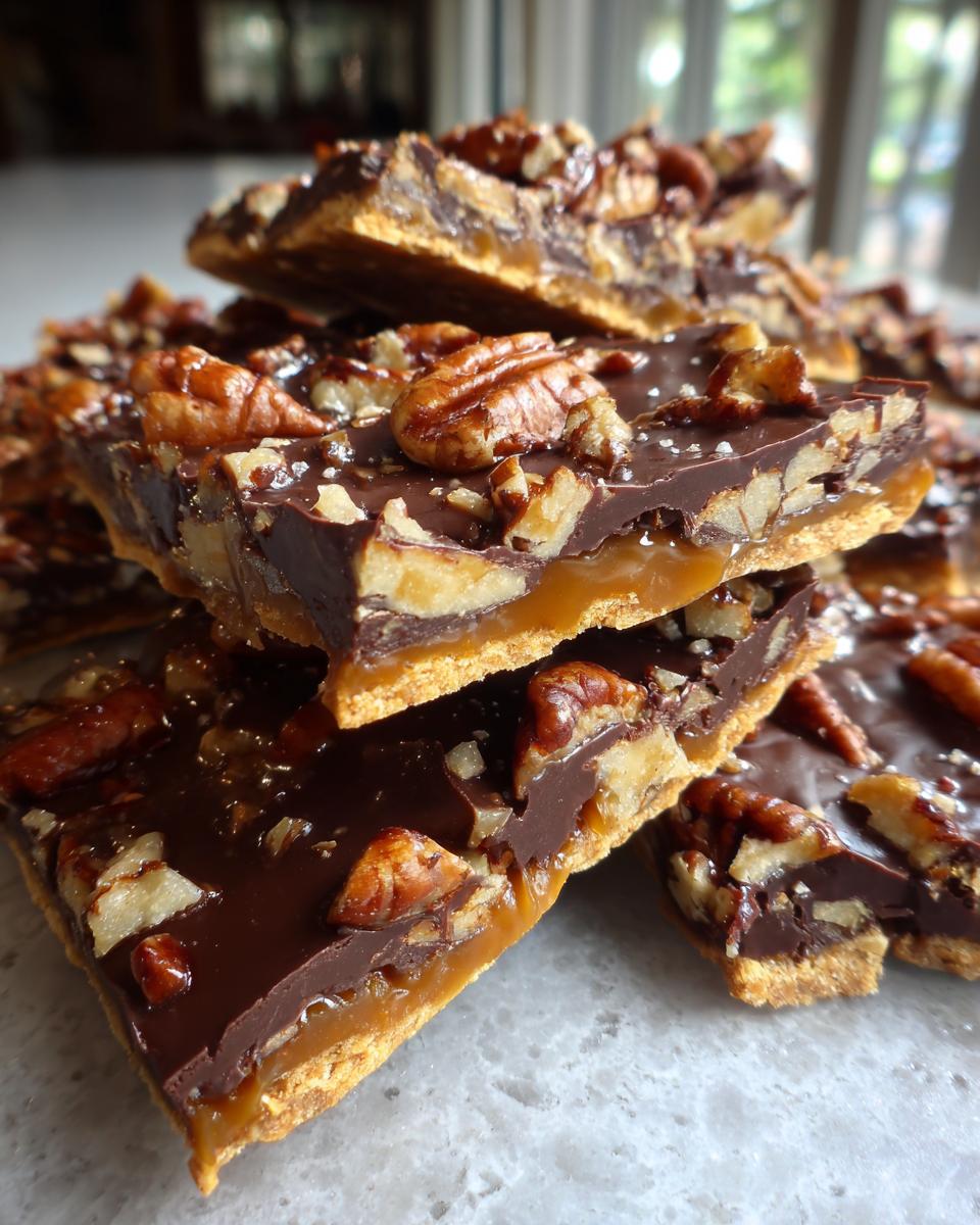 Stacked pieces of rich pecan pie bark showing layers of crust, caramel, chocolate, and pecans sprinkled with salt.