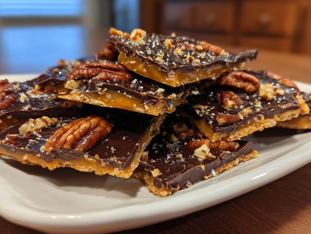 Close-up of stacked squares of pecan pie bark featuring caramel, dark chocolate, and whole pecans.