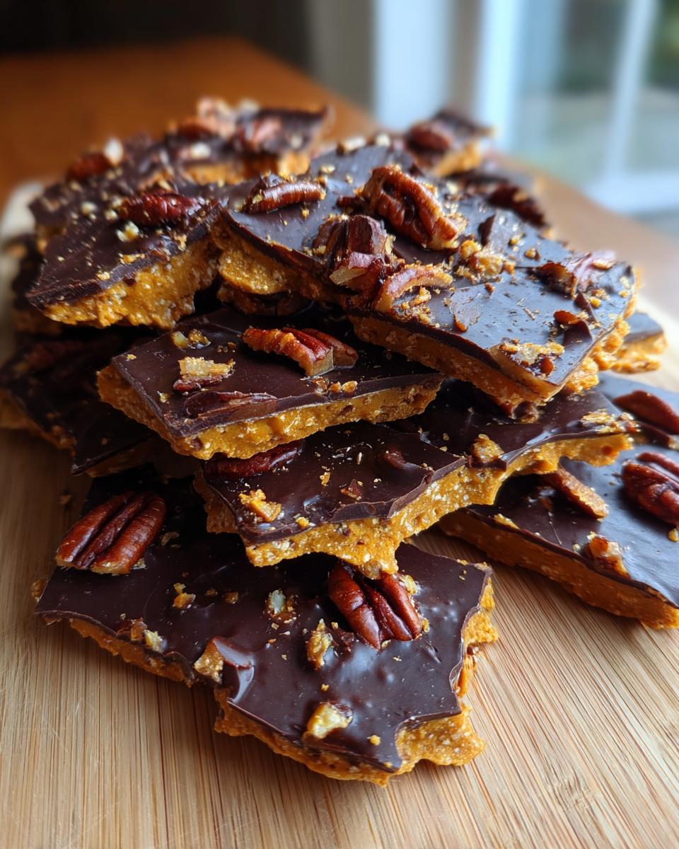 A stack of broken pieces of pecan pie bark, featuring a thick caramel base, dark chocolate topping, and whole pecans.