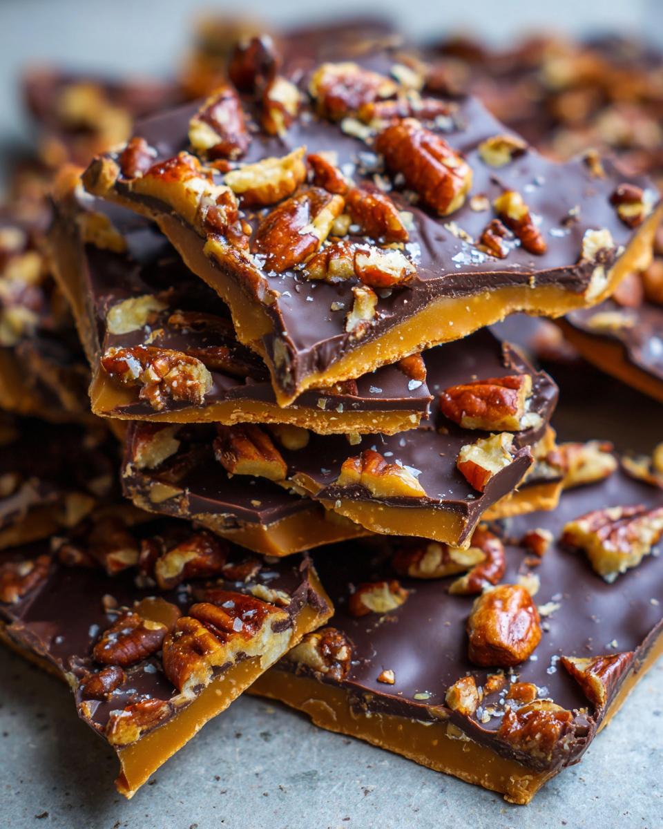 A stack of broken pieces of rich pecan pie bark, featuring a toffee base, dark chocolate top, and toasted pecans with sea salt.
