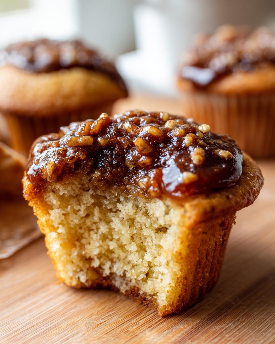 A close-up of a pecan pie muffin with a bite taken out, revealing the moist interior and sticky pecan topping.