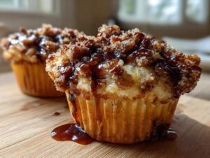 A close-up of a freshly baked pecan pie muffin topped with brown sugar crumble and drizzled with sticky caramel sauce.