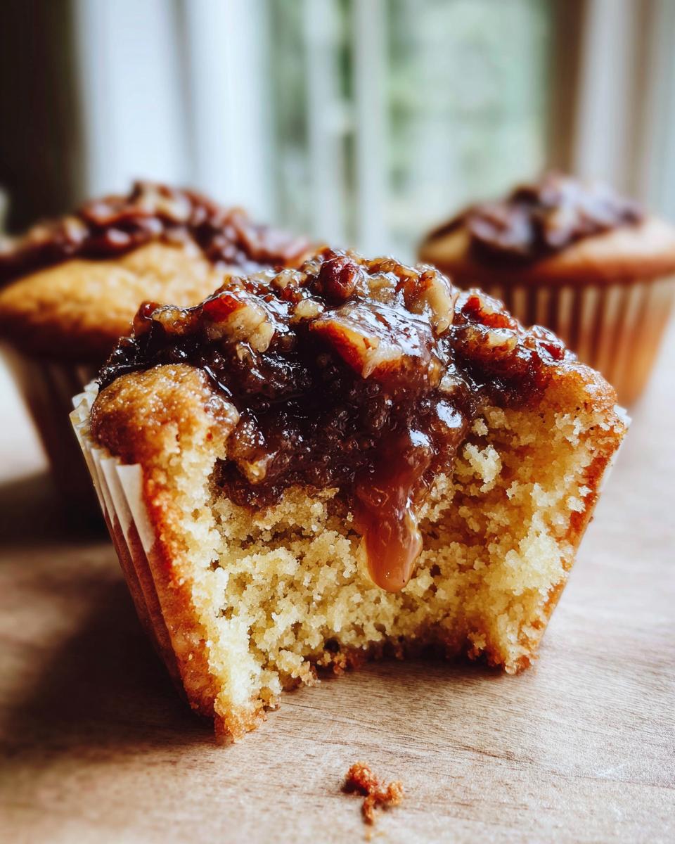 A pecan pie muffin with a bite taken out, showing the moist crumb and dripping caramel pecan topping.