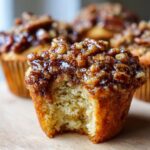 A close-up of a pecan pie muffin with a bite taken out, showing the moist interior and sticky, glazed pecan topping.