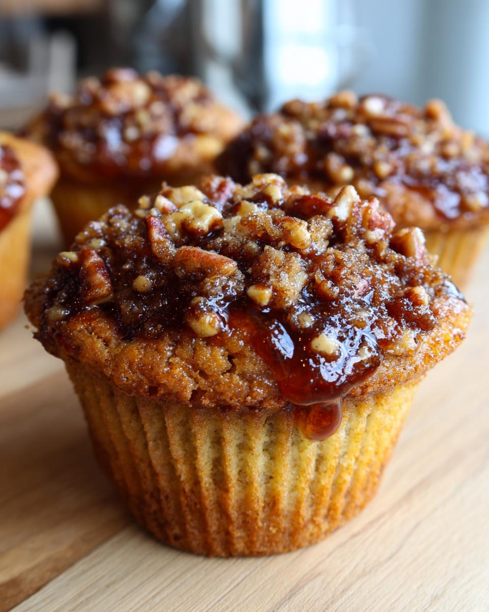 Close-up of a delicious pecan pie muffin topped with sticky pecan crumble and caramel glaze.