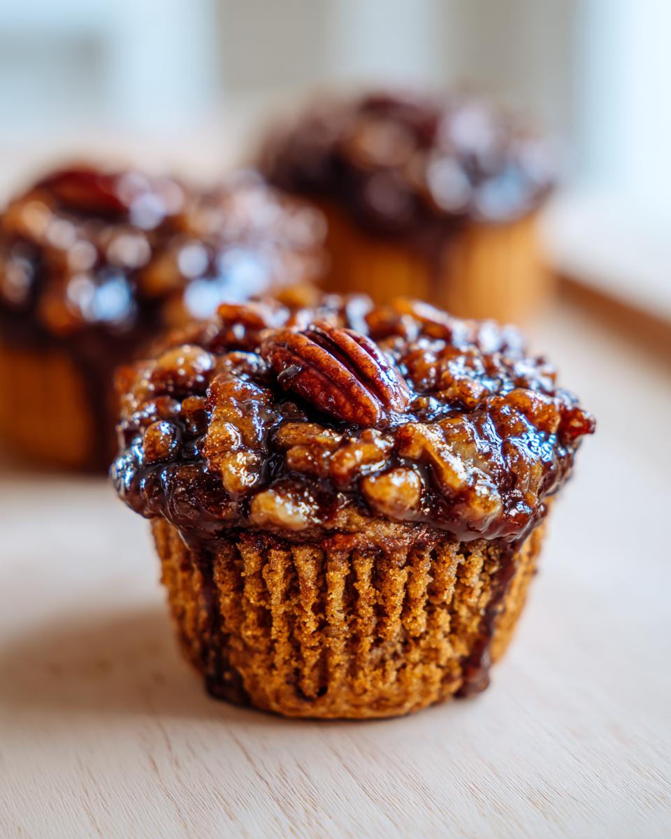A close-up of a freshly baked pecan pie muffin topped with sticky, caramelized pecans and glaze.
