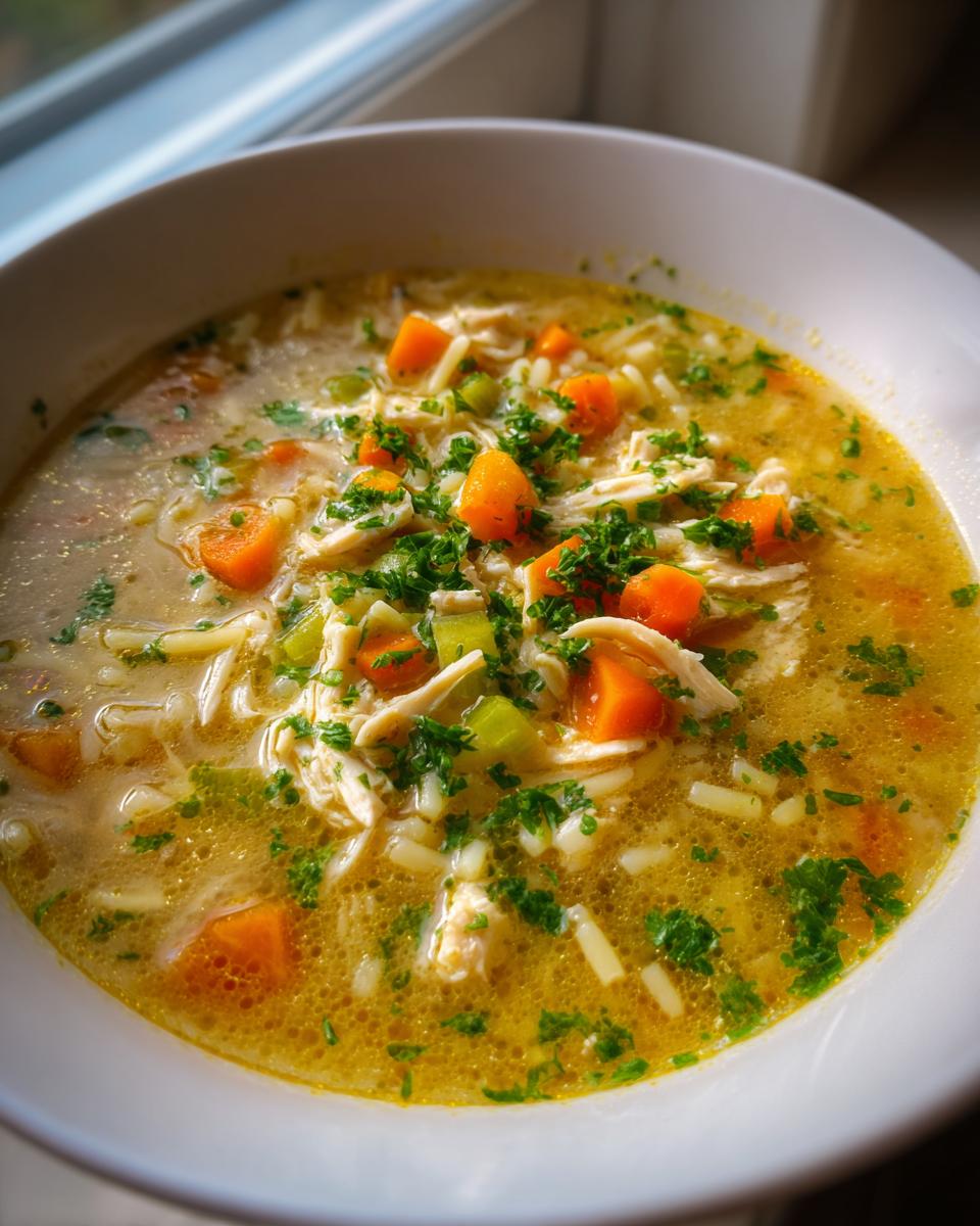 A close-up of a white bowl filled with hot penicillin soup, featuring shredded chicken, rice, carrots, and parsley garnish.