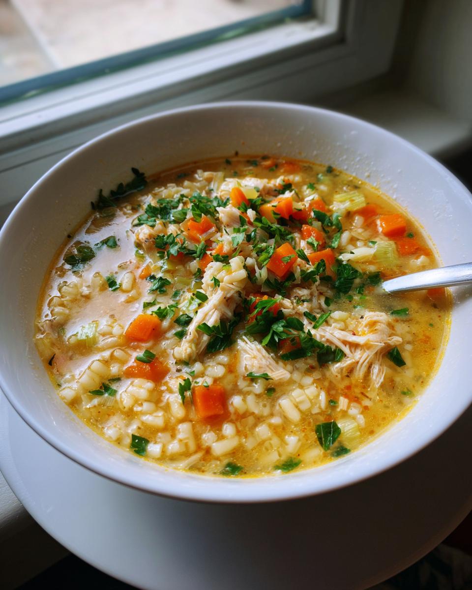 A close-up of a white bowl filled with rich penicillin soup, featuring shredded chicken, carrots, pasta, and fresh parsley.