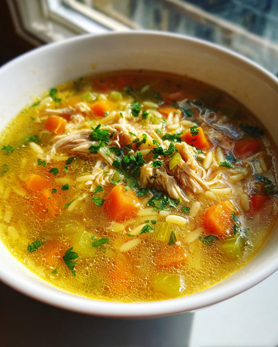 A close-up of a white bowl filled with steaming penicillin soup, featuring shredded chicken, carrots, celery, orzo pasta, and fresh parsley.