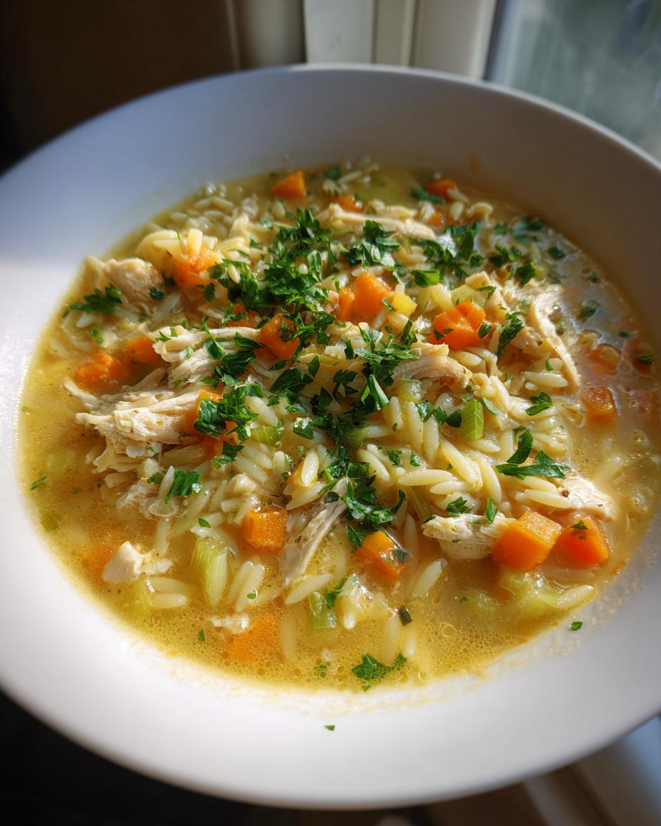 A close-up of a white bowl filled with rich, yellow penicillin soup featuring shredded chicken, orzo pasta, carrots, and fresh parsley.