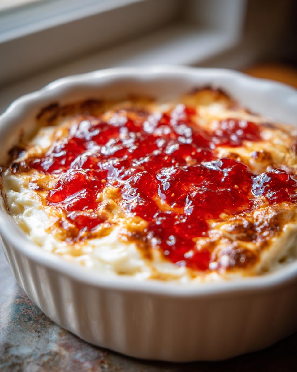 Close-up of a baked pepper jelly cheese dip, featuring melted white cheese topped with vibrant red pepper jelly.