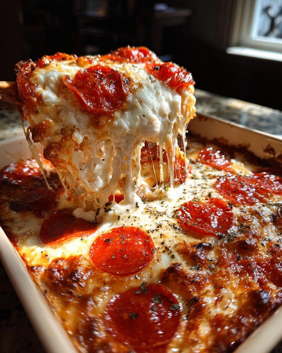 A scoop of hot pepperoni pizza dip showing extreme cheese pull, topped with melted mozzarella and herbs.