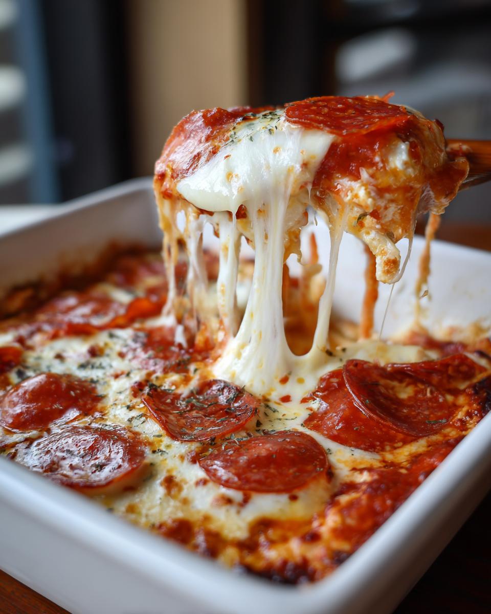 A spoonful of hot pepperoni pizza dip being lifted, showing an incredible, long cheese pull.